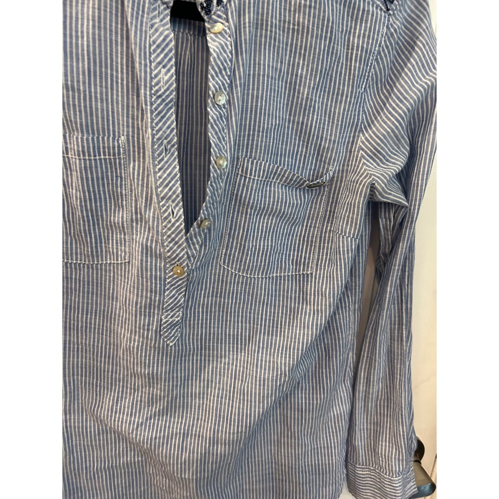 Timeout Tunic Top Blue White Striped Embroidered Shoulder Long Sleeve Blouse - Picture 2 of 7
